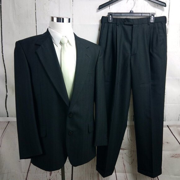 Trieste 41R 2 Button Black Herringbone Striped 2pc - Picture 1 of 15
